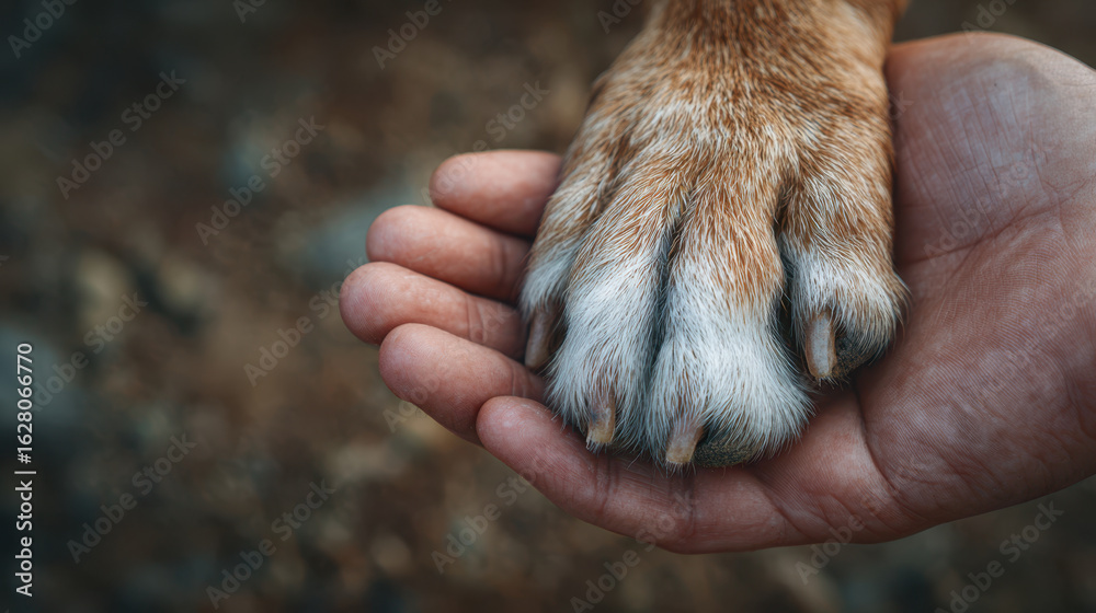 Obraz premium Human hand holds dog paw in gentle gesture of love for international dog day. This close up shows bond and friendship with pet