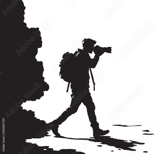 Photographer hiking with backpack silhouette camera