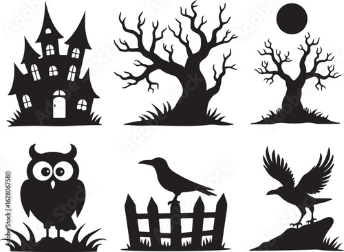 Spooky Halloween silhouettes haunted house, dead trees, owl, crow