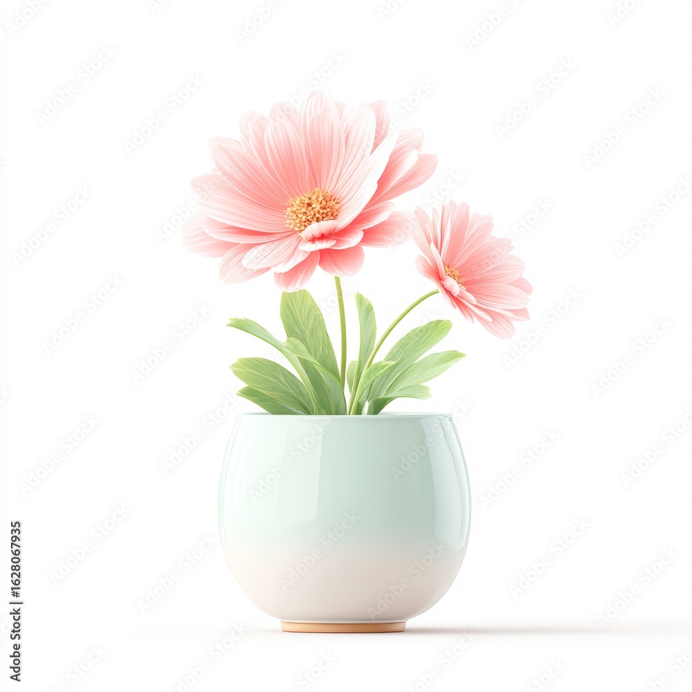 Obraz premium A delicate arrangement of pink flowers in a soft pastel pot, perfect for home decor, gardening blogs, or floral design projects that evoke a sense of tranquility and beauty,