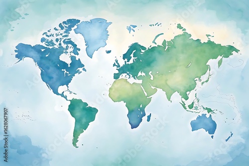 Watercolor world map art with blue and green hues