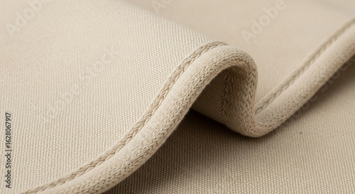 Close-up of beige fabric with textured trim, showing intricate weave and soft, neutral tones