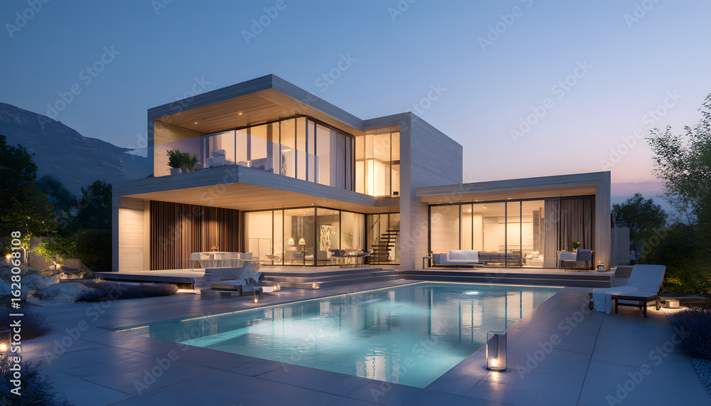 Modern luxury villa exterior at dusk. Contemporary design features large windows, pool. Smart home, automated buildings concept, real estate, property management. Eco-friendly, sustainable living. Modern luxury villa exterior at dusk. Contemporary design features large windows, pool. Smart home, automated buildings concept, real estate, property management. Eco-friendly, sustainable living.