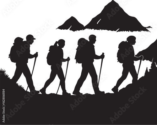 Silhouetted hikers with backpacks and poles ascend mountains