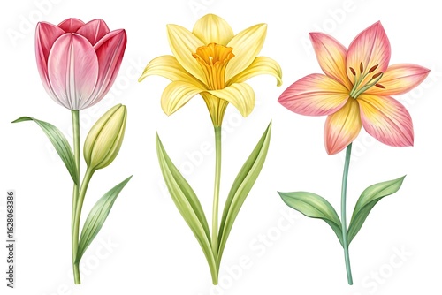 Watercolor painting of three spring flowers including a tulip daffodil and lily