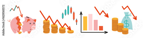 Financial crisis, savings loss and market downturn set. Trendy modern vector illustration isolated on white background, hand drawn, flat design