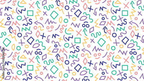 Retro 90s Doodle Seamless Pattern: Colorful Memphis Style Vector Background with Geometric Shapes, Lines, and Arrows.
