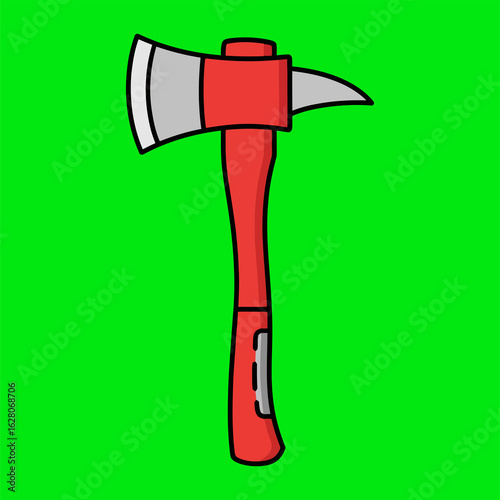 Cartoon illustration of a red firefighter axe with a pick-head. An essential emergency and rescue tool for firefighting, isolated on a bright green screen background.