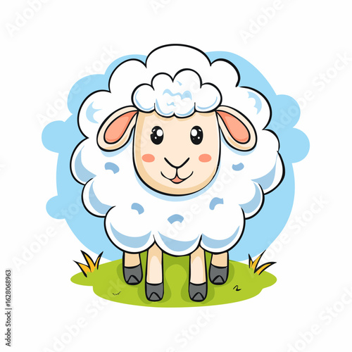 Adorable cartoon sheep illustration on a grassy field with fluffy wool and cute smile
