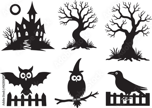 Spooky Halloween silhouettes haunted house, trees, owl, bat, crow