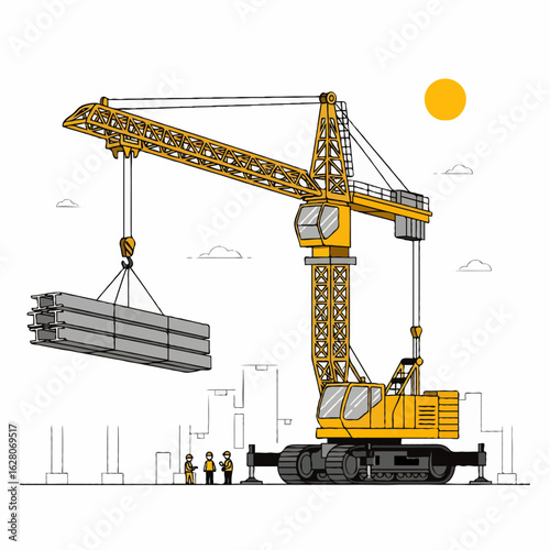 Industrial crawler crane lifting heavy concrete beams on a building construction site. Vector line art illustration.