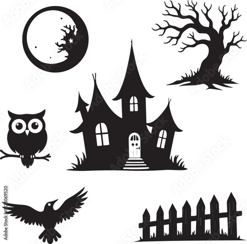 Spooky Halloween icons: haunted house, owl, moon, crow, tree