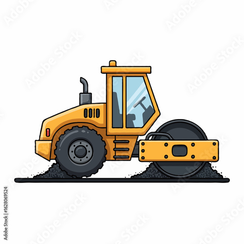 Yellow steamroller vehicle paving a new road. Construction machinery and roadwork industry concept illustration.
