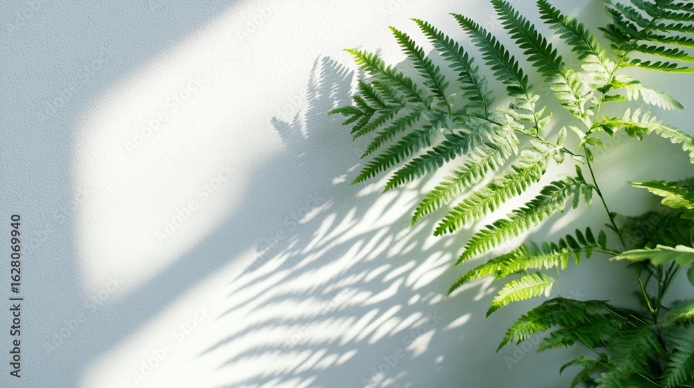 Obraz premium Sunlight casts fern shadow patterns on a white wall