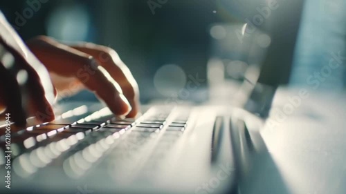 Slow motion shot, cinematic close-up of hands typing on sleek laptop keyboard