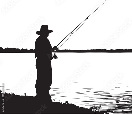 Fisherman casting line by water fishing rod reel