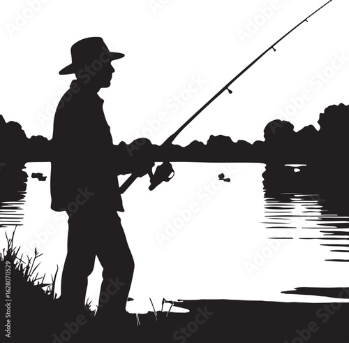 Fisherman casting rod by water fishing reel