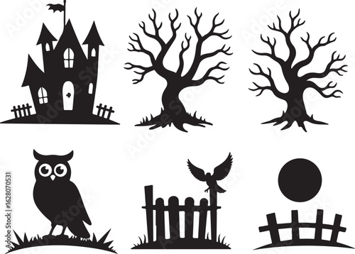 Spooky Halloween silhouettes haunted house spooky trees owl moon fence