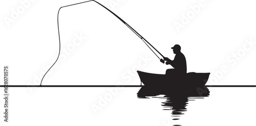 Fisherman casting rod from boat on water fishing