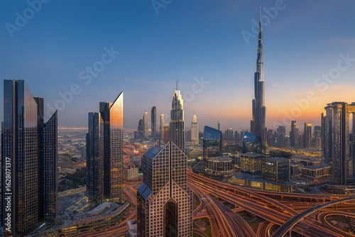 Dubai Skyline at Sunset with Burj Khalifa and City Lights – AI generated