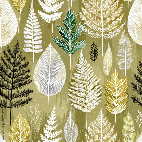 Fern leaf create unique pattern, calm sensation with cool colors and vintage tone