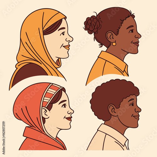 Illustration of four diverse women in profile with different hairstyles and head coverings smiling