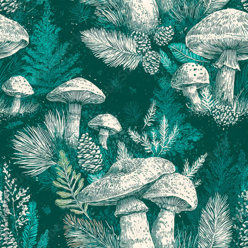 Mushroom and forest leaf create happy natural pattern, so whimsical