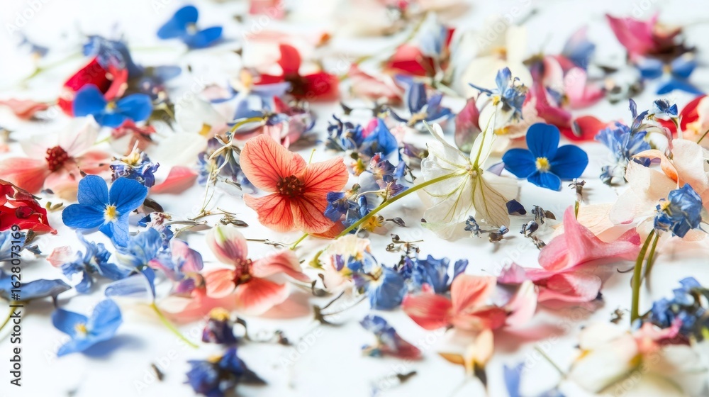 Fototapeta premium Blue, pink, and white flower collage over abstract white background.