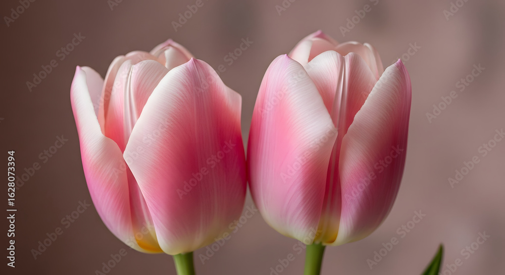 Naklejka premium Pale Pink Tulip Blossoms Leaning Together on Dusty Rose Background