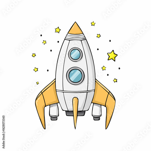 Cartoon rocket ship amidst stars, a whimsical adventure illustration for kids imagination