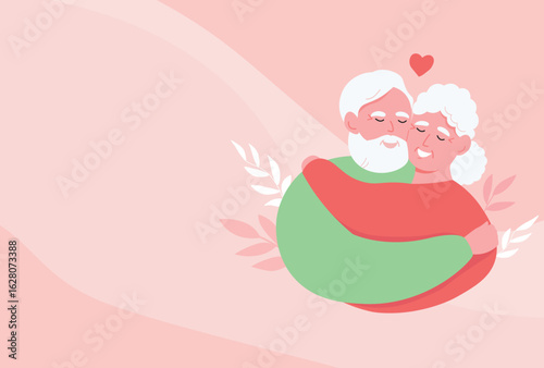Elderly couple hugging. Grandfather and grandmother happy together. Vector flat graphics.