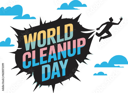 World Cleanup Day with Flying Person and Clouds vector illustration