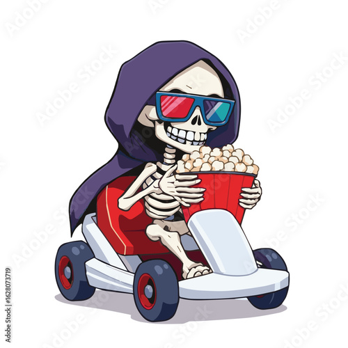 A smiling skeleton in a purple hood and 3D glasses rides a white go-kart while holding a large bucket of popcorn, blending spooky and fun in a quirky cartoon style.
