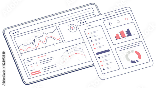 Illustration of two tablet devices displaying data dashboards with charts and graphs on their screens showing data