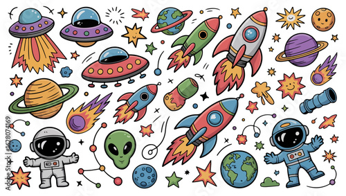Colorful cartoon style space doodle vector elements with planets and UFO, rockets and astronaut, stars, and aliens