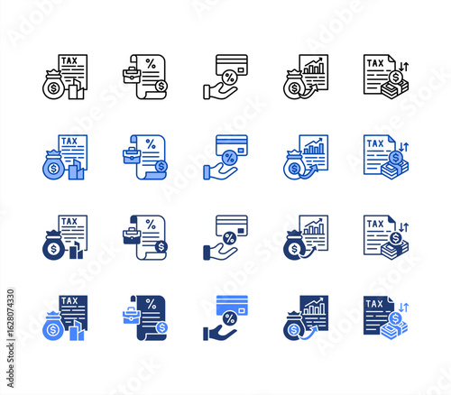 Taxation Laws icon collection set multiple style..Corporate, Payroll, Tax credit, Capital gain, Taxable.