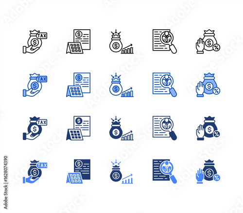 Taxation Laws icon collection set multiple style..Fiscal, Tax, Revenue collection, Self assessment, Avoidance.