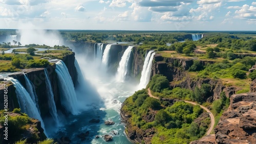 A breathtaking aerial view showcases the majestic Victoria Falls cascading powerfully over lush green landscape in Africa.