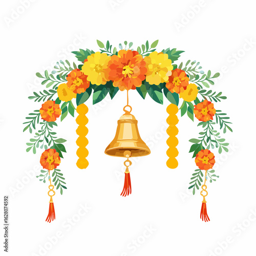 Festive floral garland arrangement with marigolds and dangling golden bells for decoration