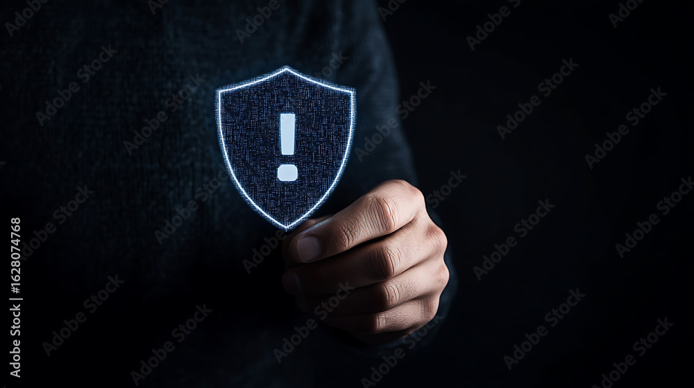Fototapeta premium Shielded Alert: A hand holds a glowing shield emblem with an exclamation mark, symbolizing security, protection, and vigilance against threats.