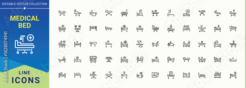 Medical Bed icon set in linear style. It contains symbols to medical, relax, care, bed, recovery. Health icon set. Thin line icons set. Vector illustration in modern line style.
