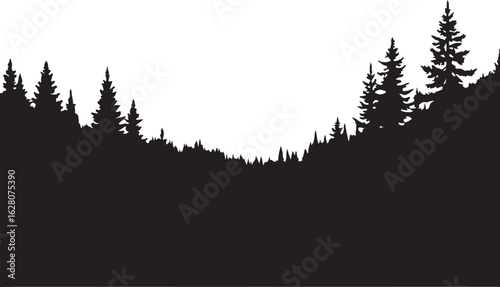 Mountain and Pine Forest Silhouette Illustration

Black and White Wilderness Landscape Vector

Nature Scene with Evergreen Trees and Mountain Peaks