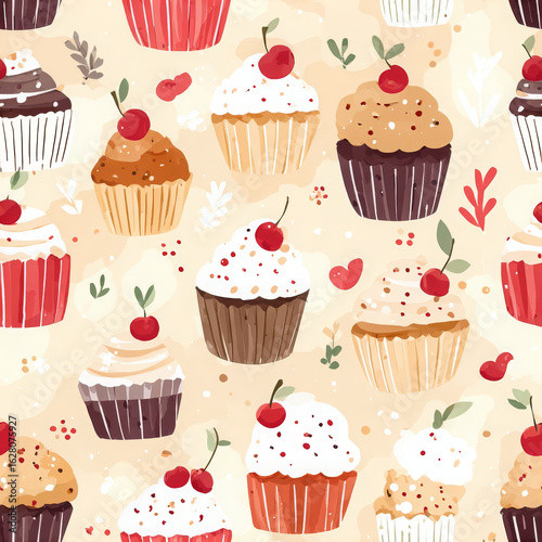 Delicious cupcake pattern feels cheerful and festive against light peach background