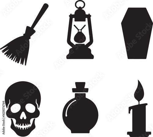 Spooky Halloween icons skull, coffin, broom, lantern, potion, candle
