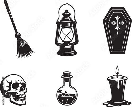 Spooky Halloween icons: skull, broom, lantern, coffin, potion, candle
