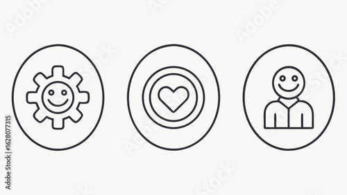 Happy Customer Service: Gear, Heart, and Smiling Person Icons; Minimalist Line Art Style; Positive Brand Concept.