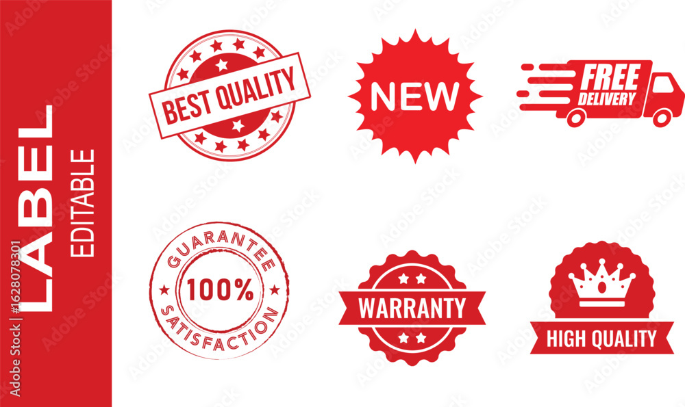 Obraz premium Red Badge Label Set – Editable Quality, Warranty, Free Delivery, Satisfaction and Promotion Icons