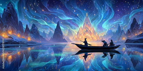 Night scene on lake feels magical and serene, peaceful adventure