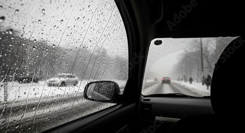 Rainy Winter Drive Through a Snowy Landscape