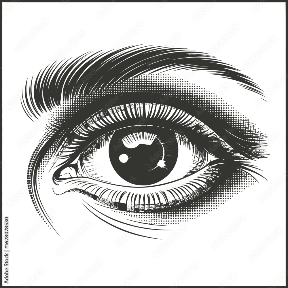 Obraz premium Detailed black and white illustration of a human eye in an engraving and halftone style. Hand-drawn vintage sketch of an eye with eyelashes and eyebrow.